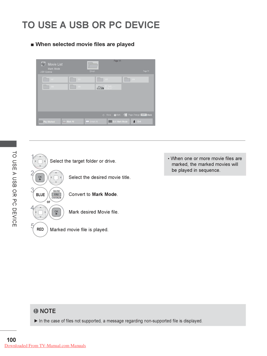 LG Electronics 47/55LX9***, 50/60PK7, 50/60PX9***, 42/47LX6***, 42/47LE73** 100, When selected movie files are played 