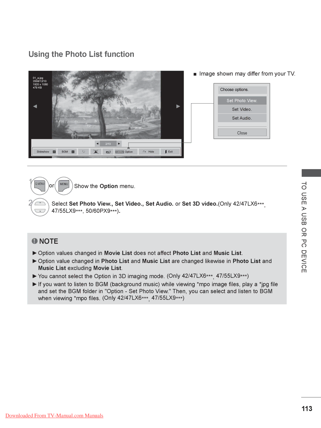 LG Electronics 42/47/55LE8, 50/60PK7, 50/60PX9***, 42/47LX6***, 42/47LE73**, 47/55LX9 Using the Photo List function, 113 