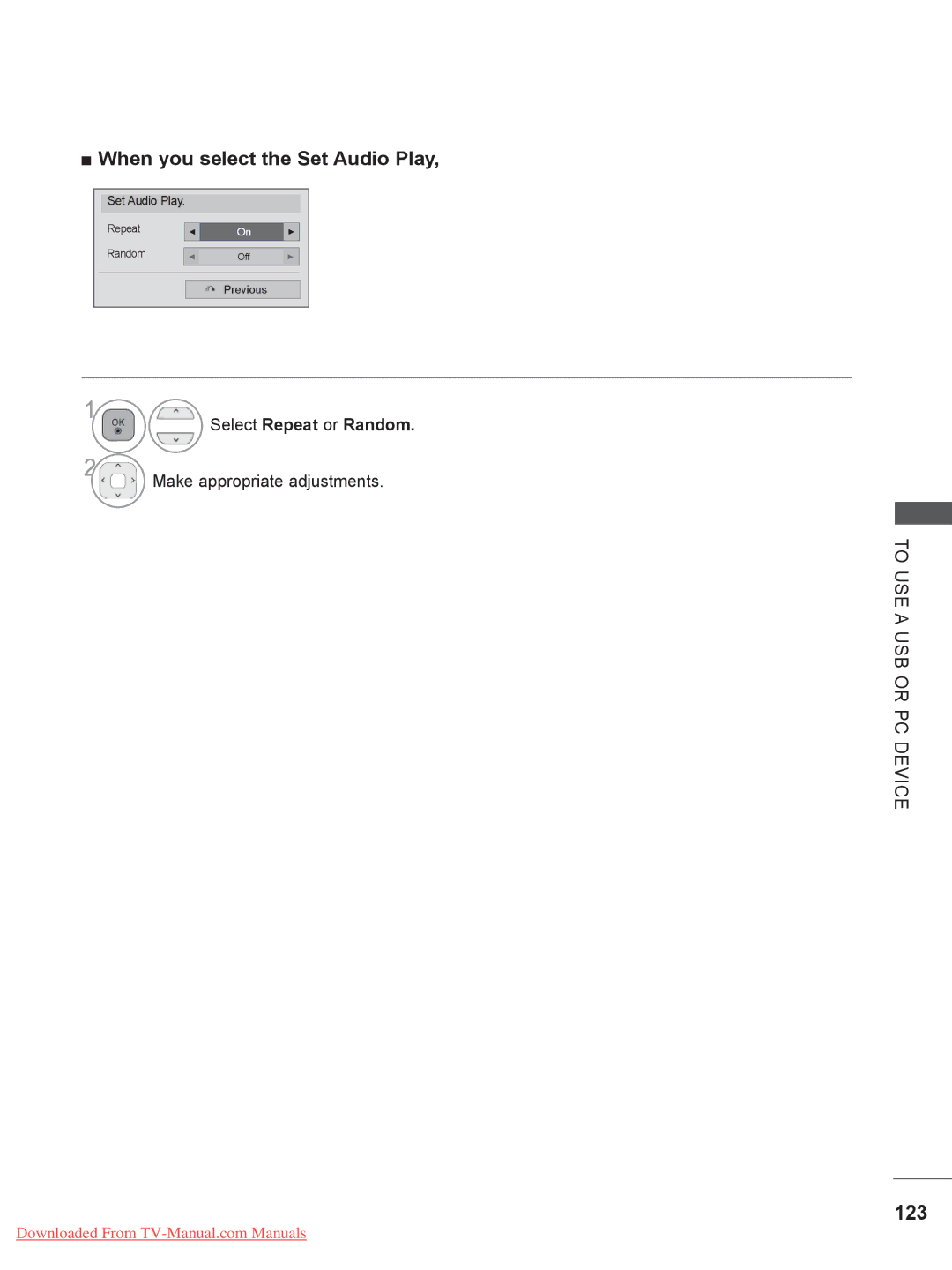 LG Electronics 32/37/42LE4***, 50/60PX9, 50/60PK7, 42/47LX6 123, When you select the Set Audio Play, Select Repeat or Random 