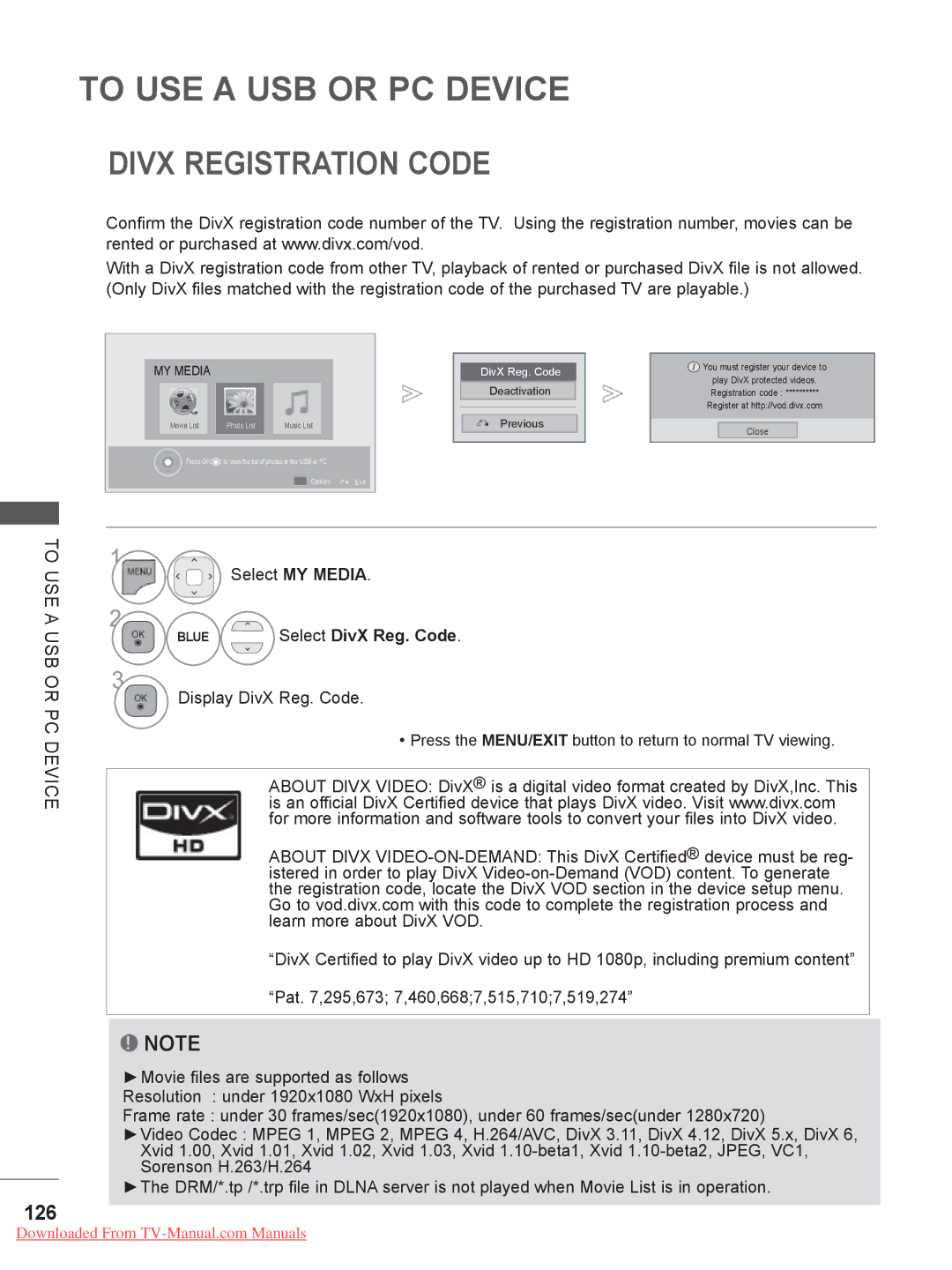 LG Electronics 32/37/42LD4***, 50/60PK7, 50/60PX9***, 42/47LX6 Divx Registration Code, 126, Display DivX Reg. Code 