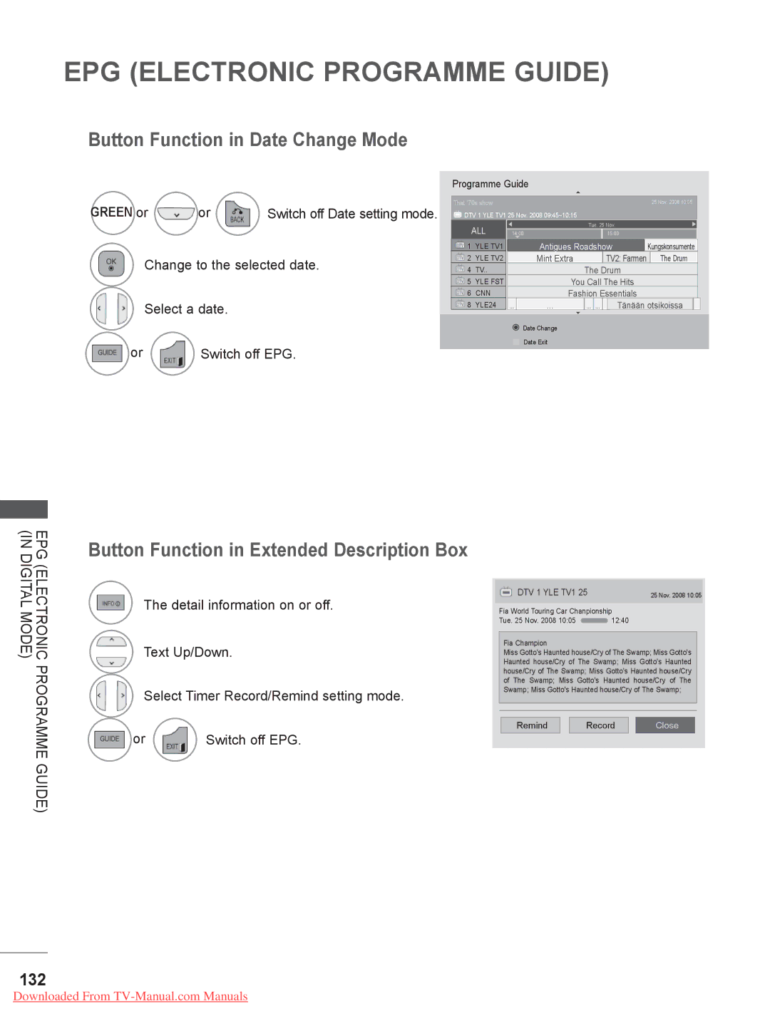 LG Electronics 32/37/42/47/55LE75, 50/60PK7, 50/60PX9***, 42/47LX6*** Button Function in Date Change Mode, 132 