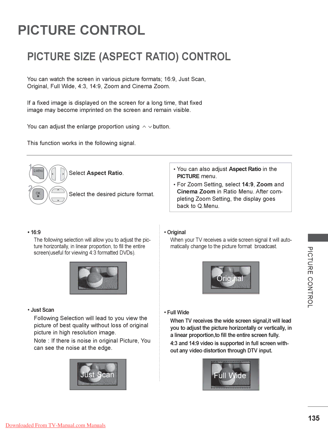 LG Electronics 50/60PK5, 50/60PK7, 50/60PX9***, 42/47LX6***, 42/47LE73** Picture Size Aspect Ratio Control, 135 