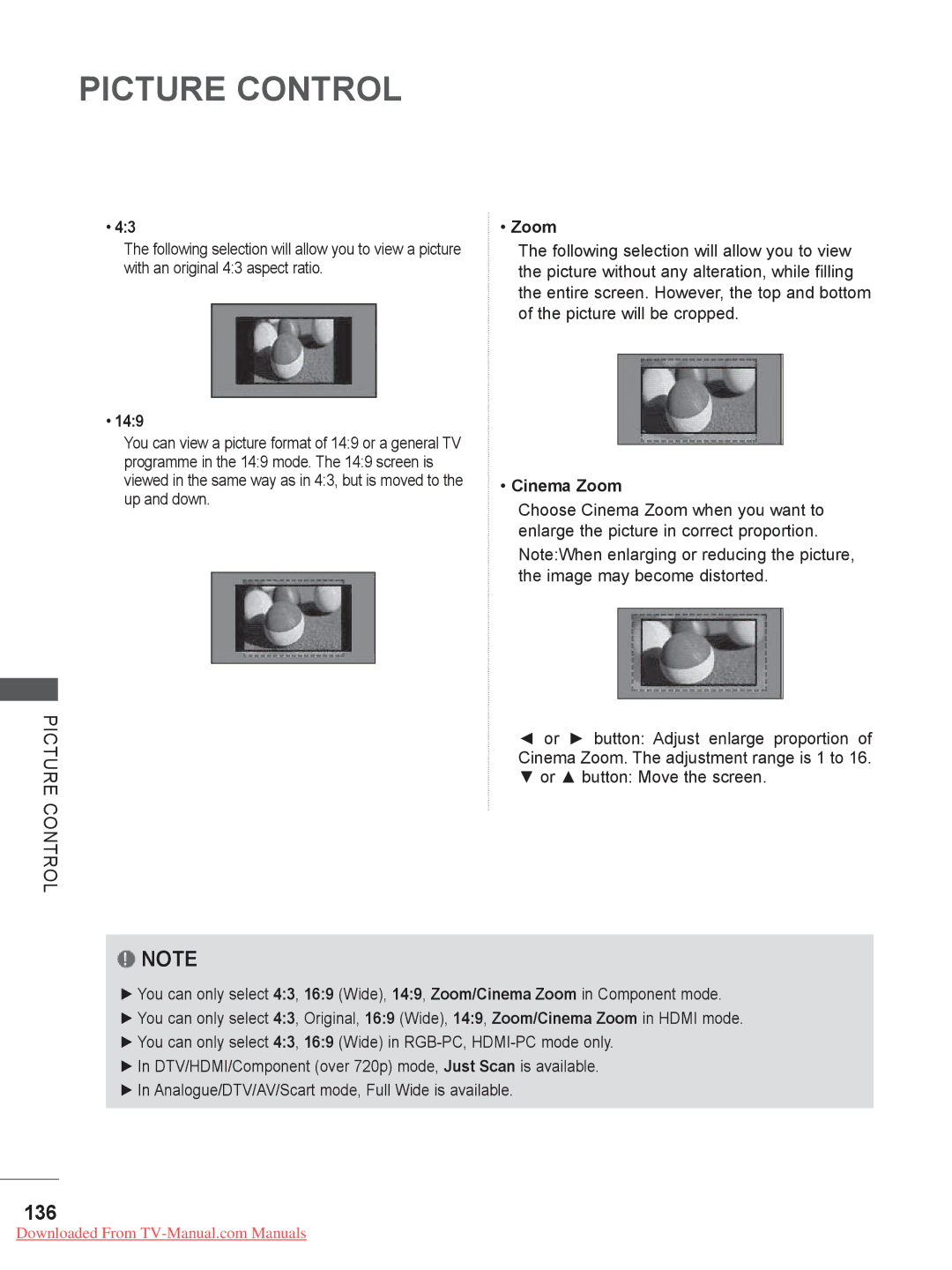 LG Electronics 50/60PK5**, 50/60PK7, 50/60PX9***, 42/47LX6***, 42/47LE73**, 42/47/55LE8 136, 149, Cinema Zoom 