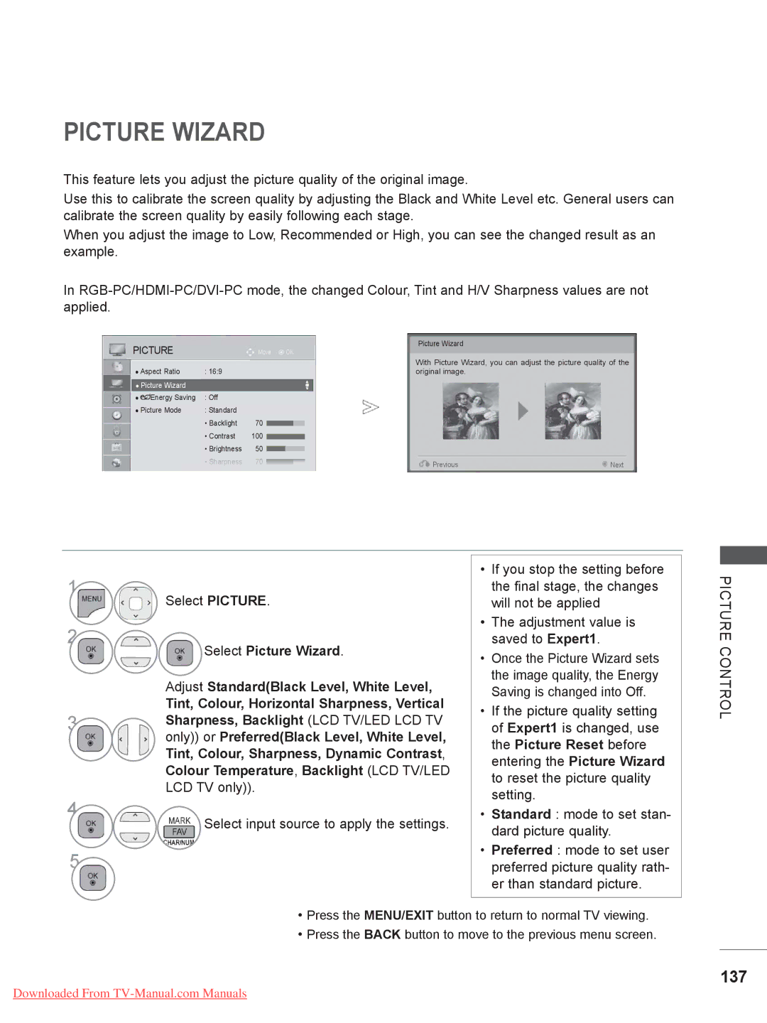 LG Electronics 50/60PK9***, 50/60PK7, 50/60PX9***, 42/47LX6***, 42/47LE73**, 42/47/55LE8, 32/42/47LD7 Picture Wizard, 137 