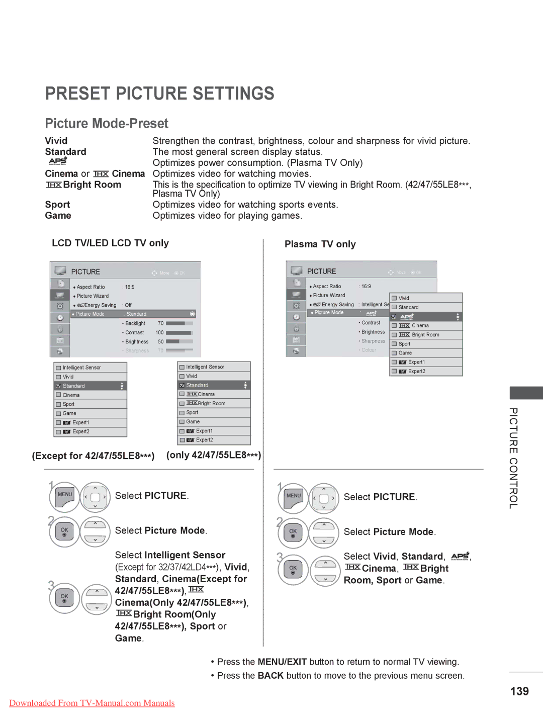 LG Electronics 50/60PK9, 50/60PX9, 50/60PK7 Preset Picture Settings, Picture Mode-Preset, 139, Vivid, Only 42/47/55LE8 