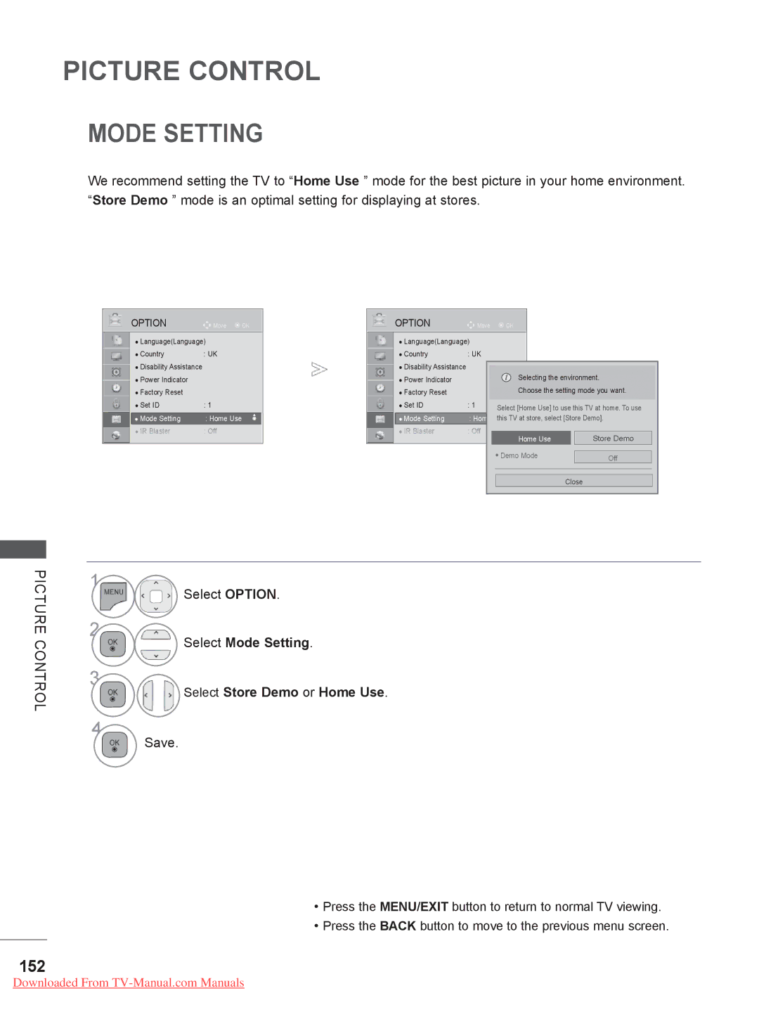 LG Electronics 32/37/42/47/55LE79, 50/60PX9, 50/60PK7, 42/47LX6 152, Select Mode Setting Select Store Demo or Home Use 