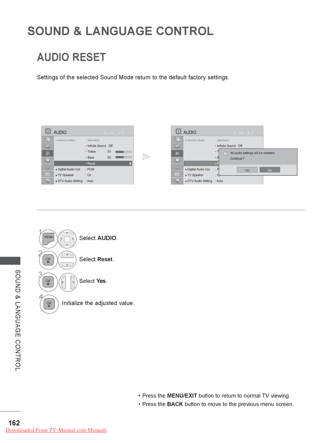 LG Electronics 32/37/42/47/55LD6***, 50/60PK7, 50/60PX9***, 42/47LX6, 47/55LX9 Audio Reset, 162, Select Audio Select Reset 