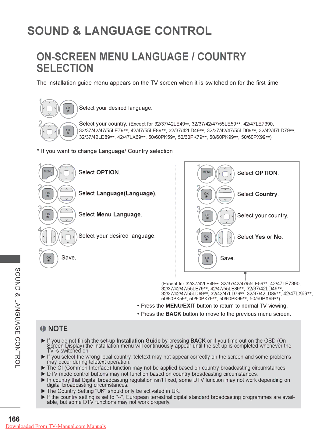 LG Electronics 32/37/42/47/55LE75, 50/60PK7, 50/60PX9***, 42/47LX6 ON-SCREEN Menu Language / Country Selection, 166 