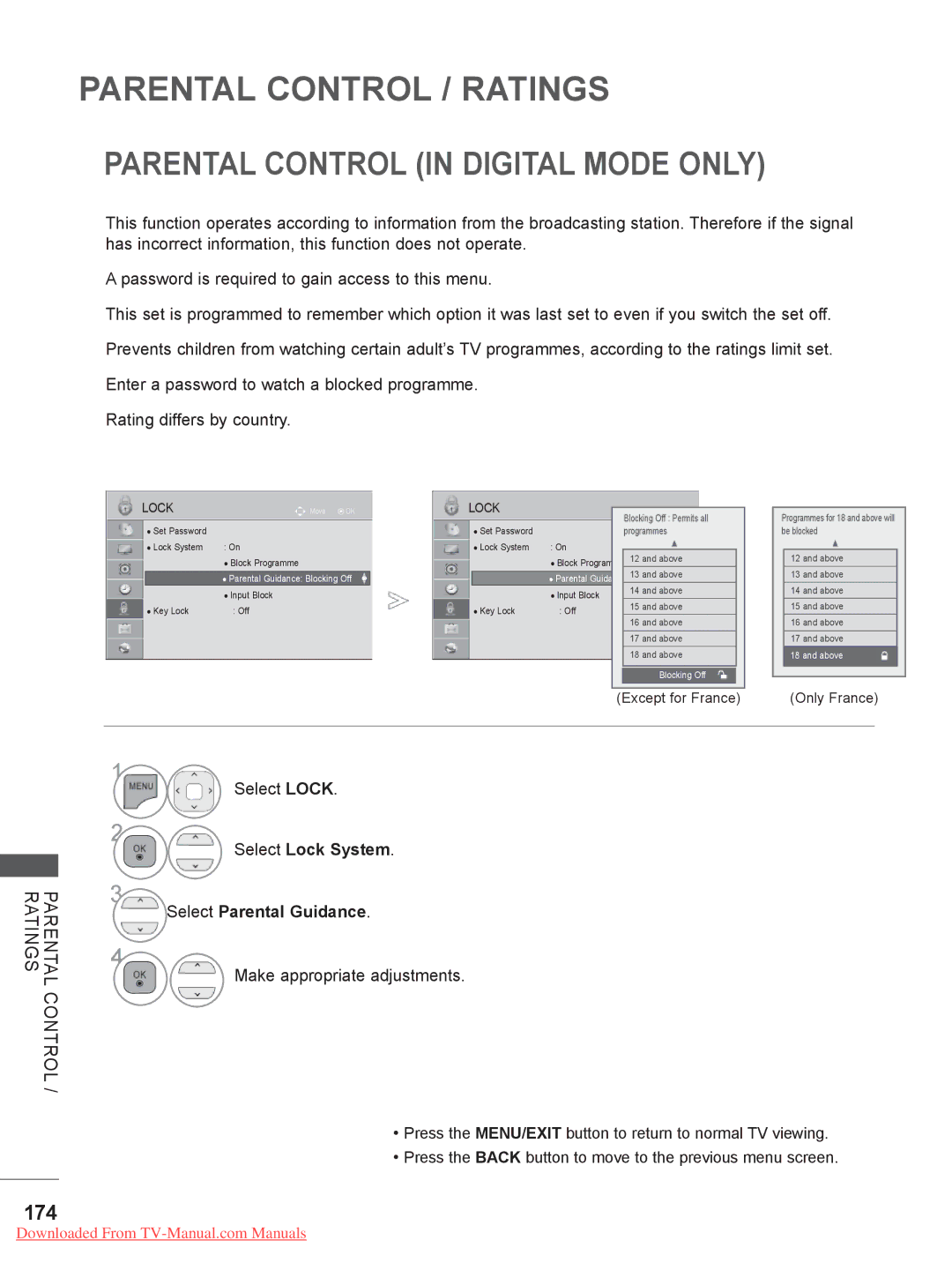 LG Electronics 50/60PK7, 50/60PX9***, 42/47LX6 Parental Control in Digital Mode only, 174, Select Parental Guidance 