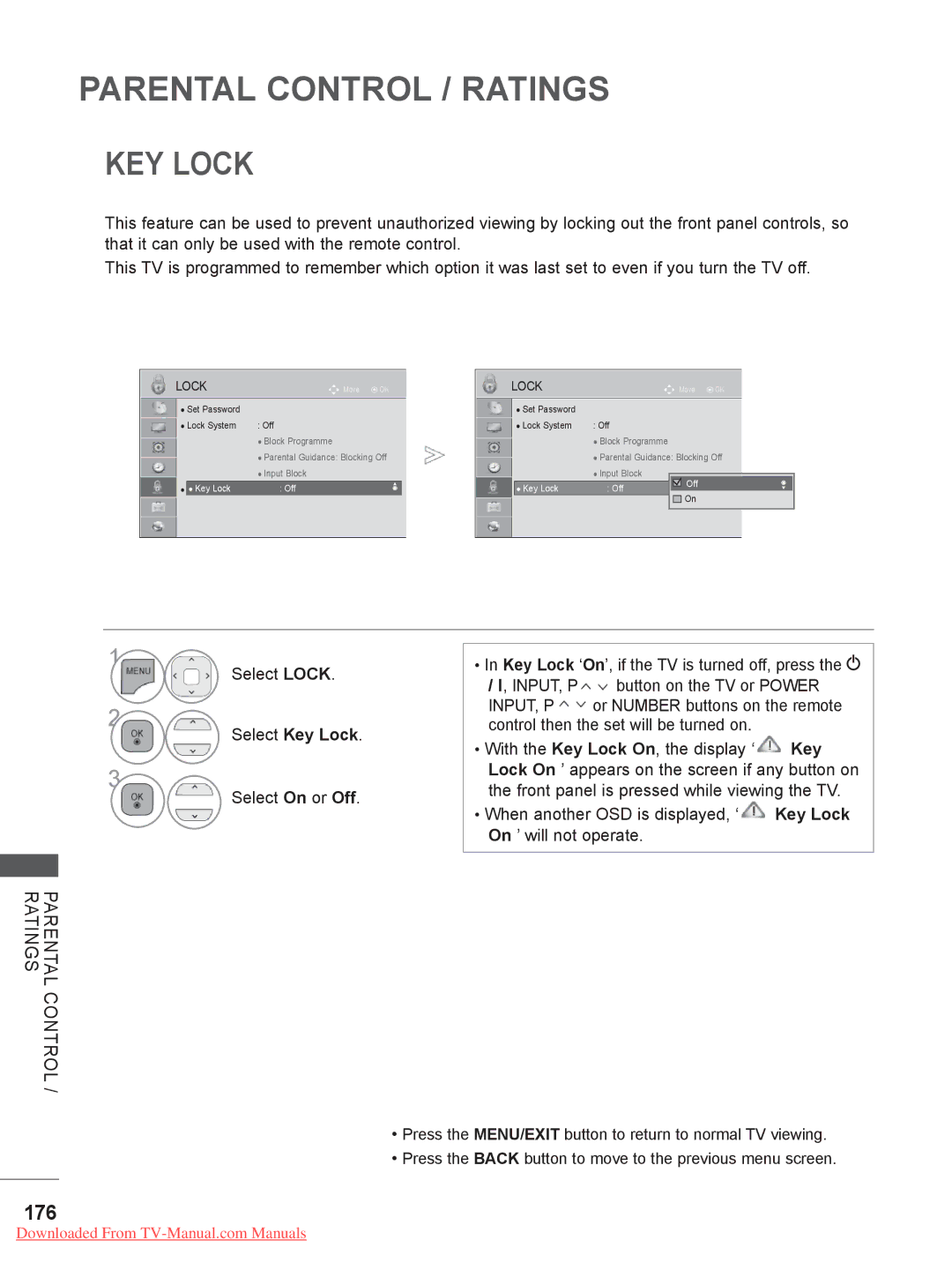 LG Electronics 50/60PX9***, 50/60PK7, 42/47LX6***, 42/47LE73**, 42/47/55LE8***, 32/42/47LD7***, 47/55LX9 KEY Lock, 176 