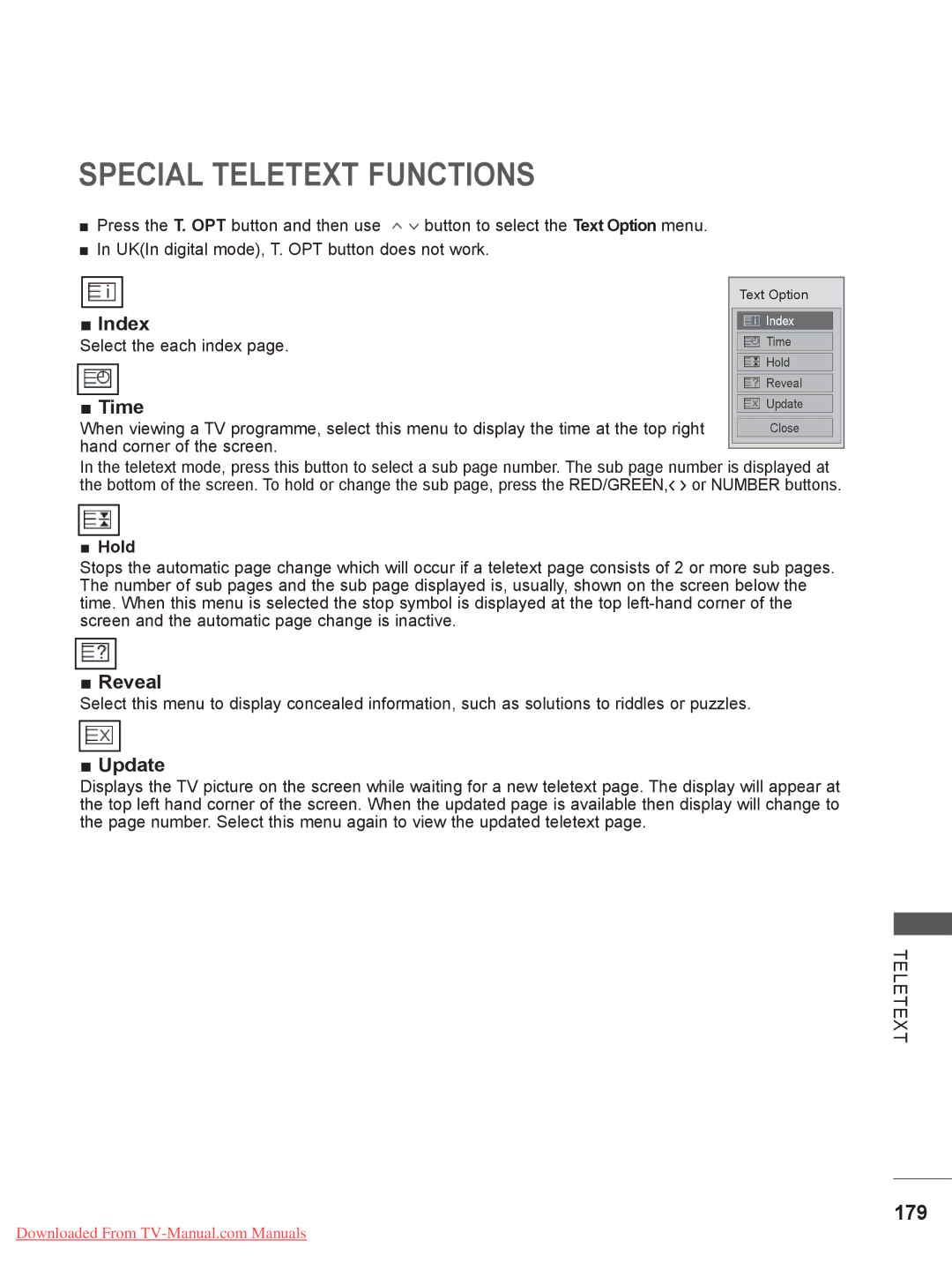 LG Electronics 42/47LE73**, 50/60PK7, 50/60PX9***, 42/47LX6***, 42/47/55LE8, 32/42/47LD7 Special Teletext Functions, 179 