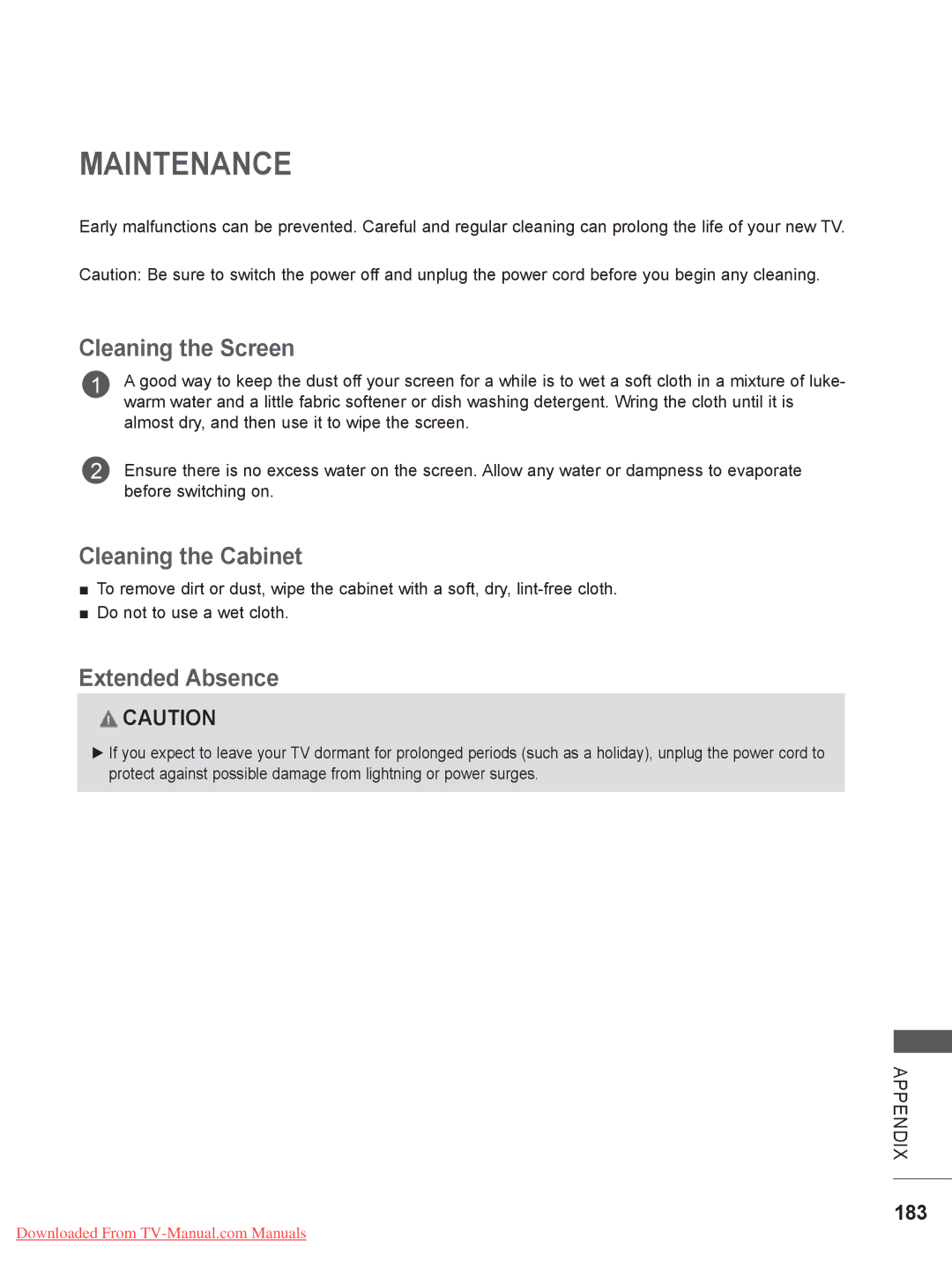 LG Electronics 32/42/47LD7, 50/60PX9 Maintenance, Cleaning the Screen, Cleaning the Cabinet, Extended Absence, 183 