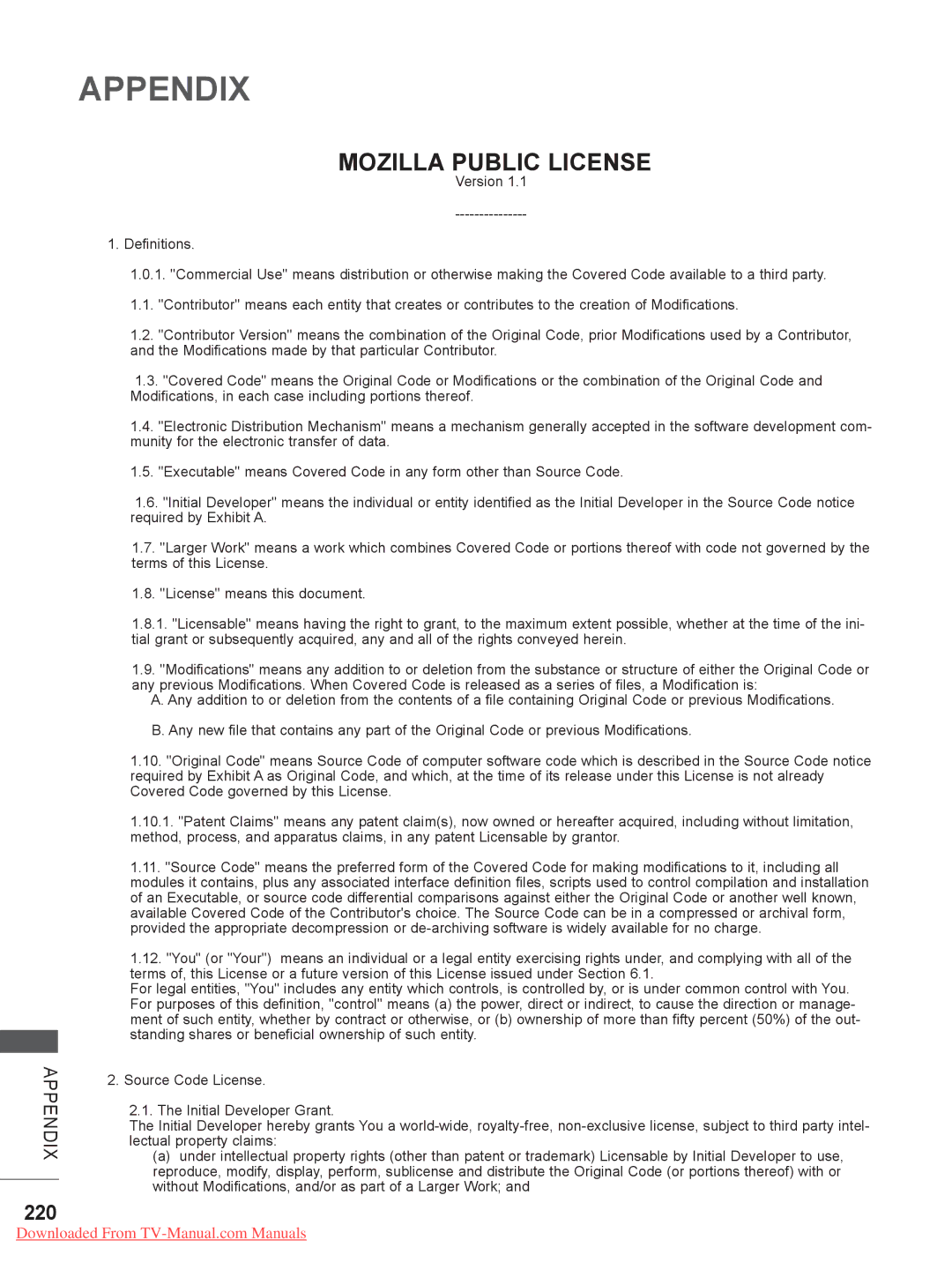 LG Electronics 32/37/42/47/55LE79, 50/60PK7, 50/60PX9***, 42/47LX6***, 42/47LE73**, 47/55LX9 Mozilla Public License, 220 