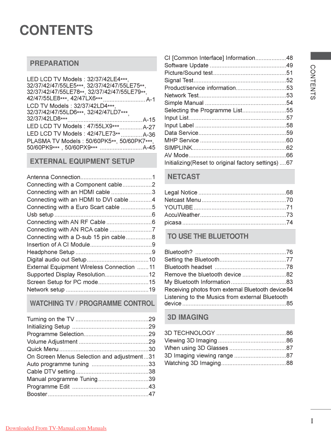 LG Electronics 50/60PK7, 50/60PX9***, 42/47LX6***, 42/47LE73**, 42/47/55LE8***, 32/42/47LD7***, 47/55LX9 Contents 