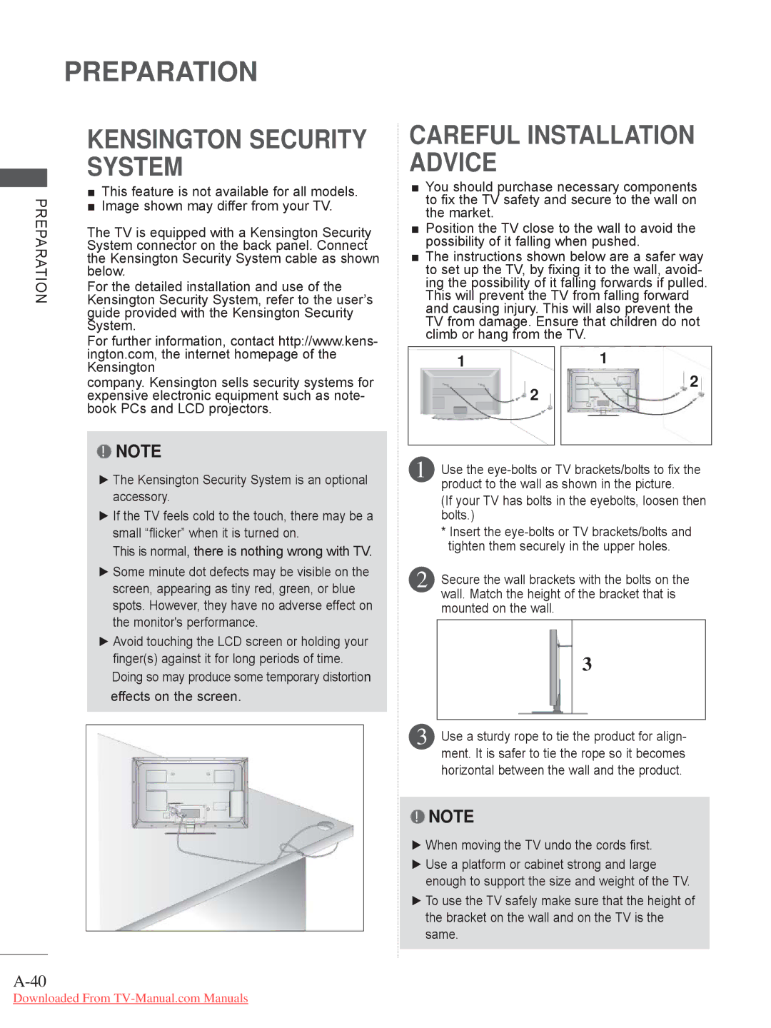 LG Electronics 32/42/47LD7***, 50/60PK7, 50/60PX9***, 42/47LX6***, 42/47LE73**, 42/47/55LE8 Kensington Security System 