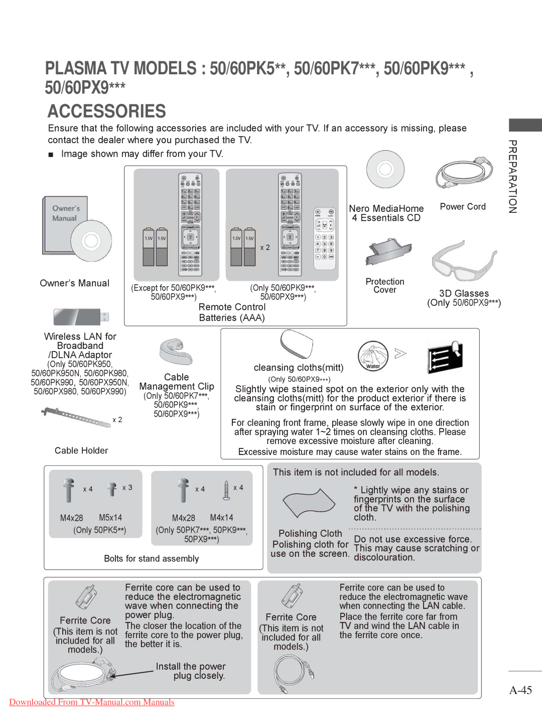 LG Electronics 32/37/42/47/55LE5 Cover 3D Glasses Only 50/60PX9, Cable, Lightly wipe any stains or, TV with the polishing 