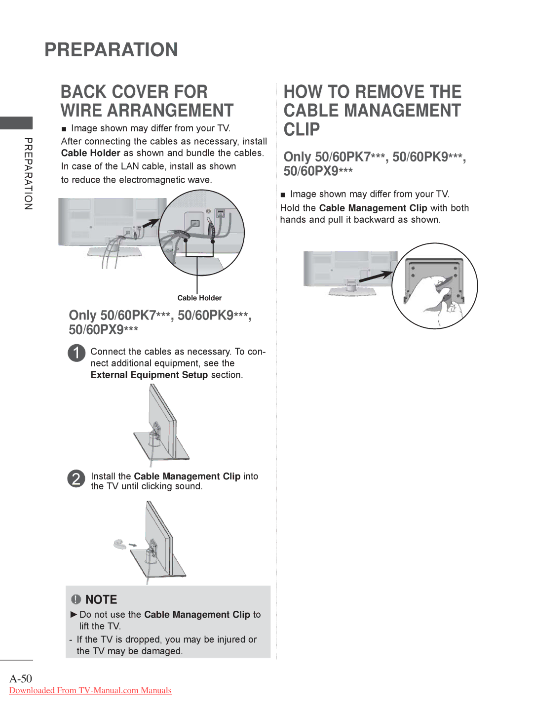 LG Electronics 32/37/42LD4***, 50/60PX9, 50/60PK7 Back Cover for Wire Arrangement, HOW to Remove the Cable Management Clip 