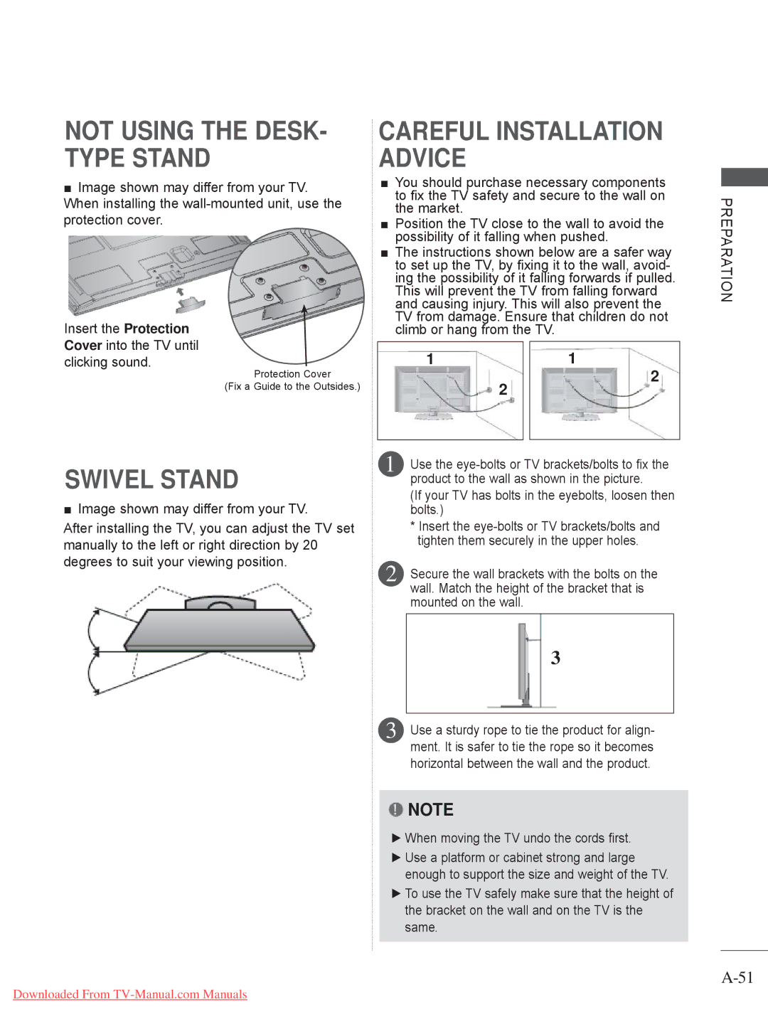 LG Electronics 32/37/42/47/55LE78, 50/60PK7, 50/60PX9***, 42/47LX6, 42/47LE73 Not Using the DESK- Type Stand, Swivel Stand 