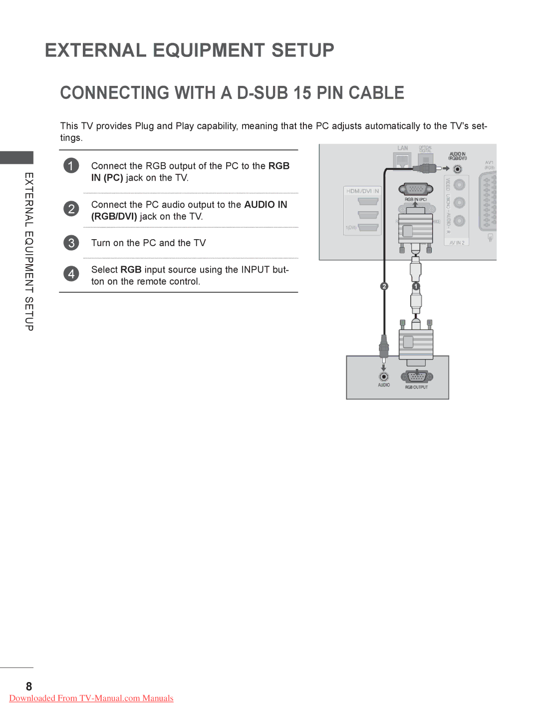 LG Electronics 42/47LX6***, 50/60PK7, 50/60PX9***, 42/47LE73**, 42/47/55LE8, 47/55LX9 Connecting with a D-SUB 15 PIN Cable 