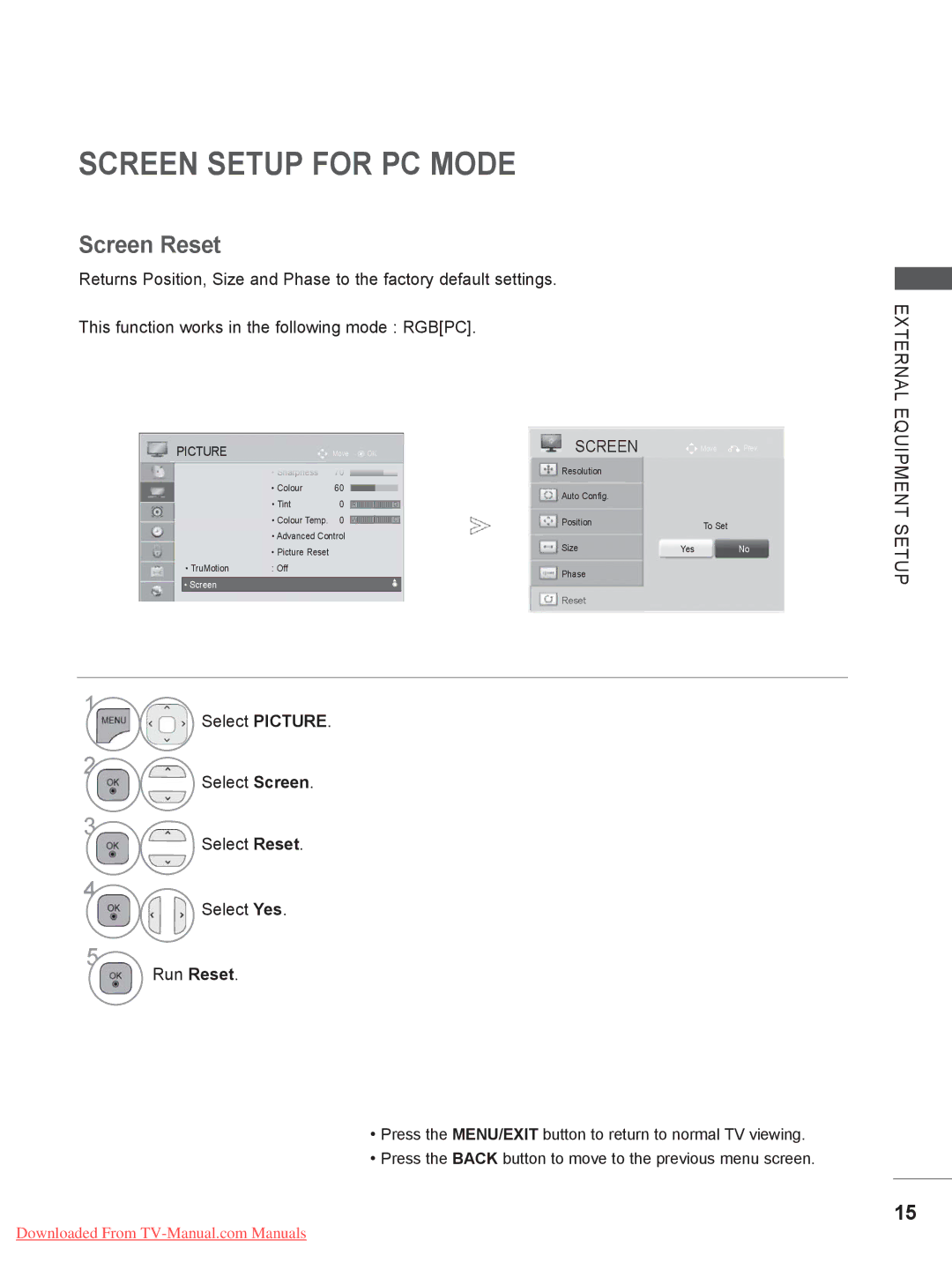 LG Electronics 32/37/42LD4, 50/60PK7, 50/60PX9***, 42/47LX6***, 42/47LE73** Screen Setup for PC Mode, Screen Reset 