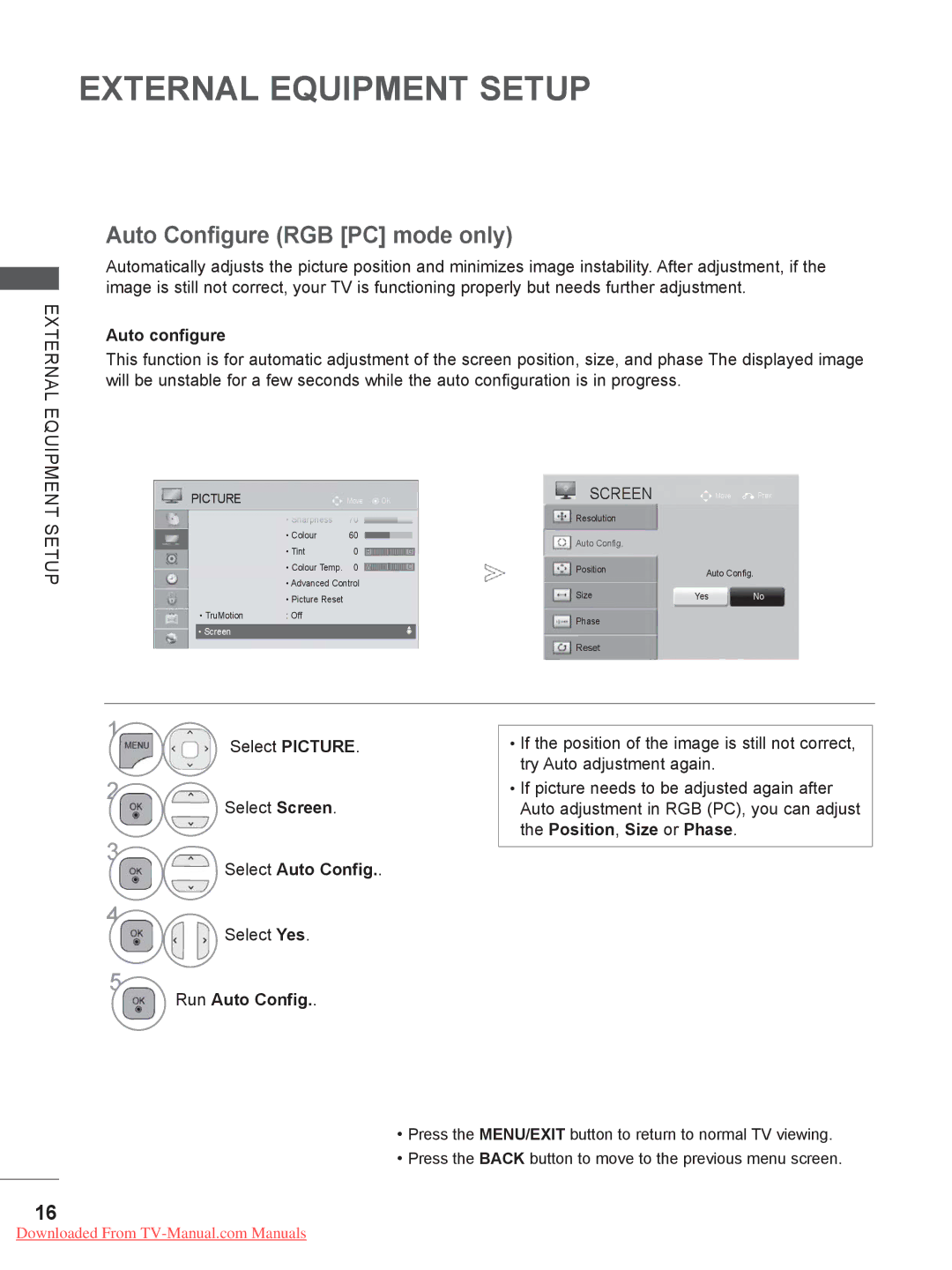 LG Electronics 32/37/42/47/55LE79, 50/60PX9 Auto Configure RGB PC mode only, Auto configure, Select Picture Select Screen 