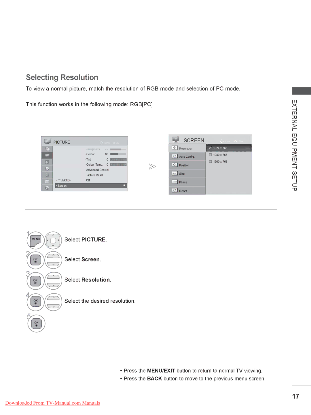 LG Electronics 32/37/42/47/55LE79**, 50/60PX9 Selecting Resolution, Select Resolution, Select the desired resolution 