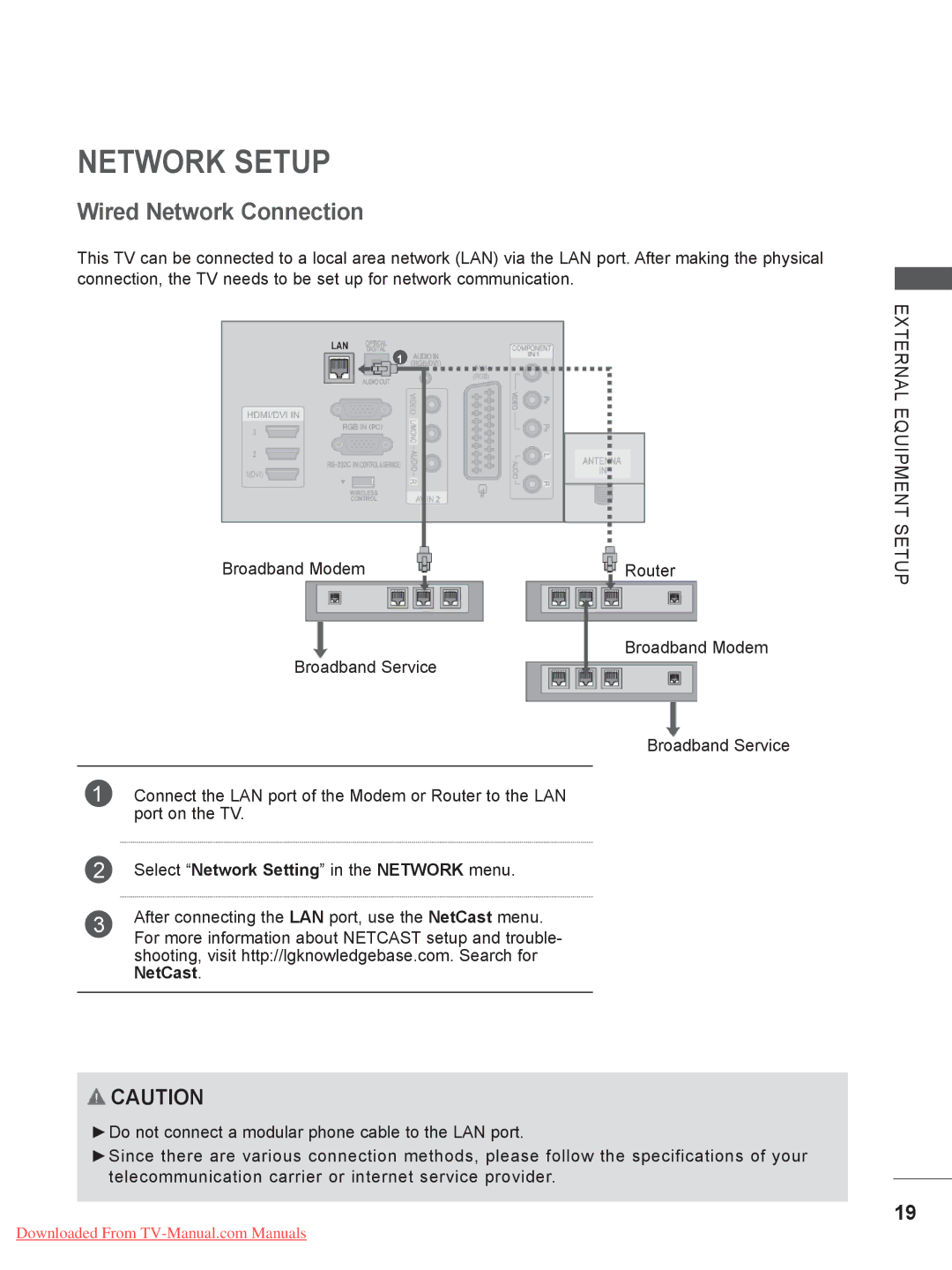 LG Electronics 32/37/42/47/55LE5 Network Setup, Wired Network Connection, Select Network Setting in the Network menu 