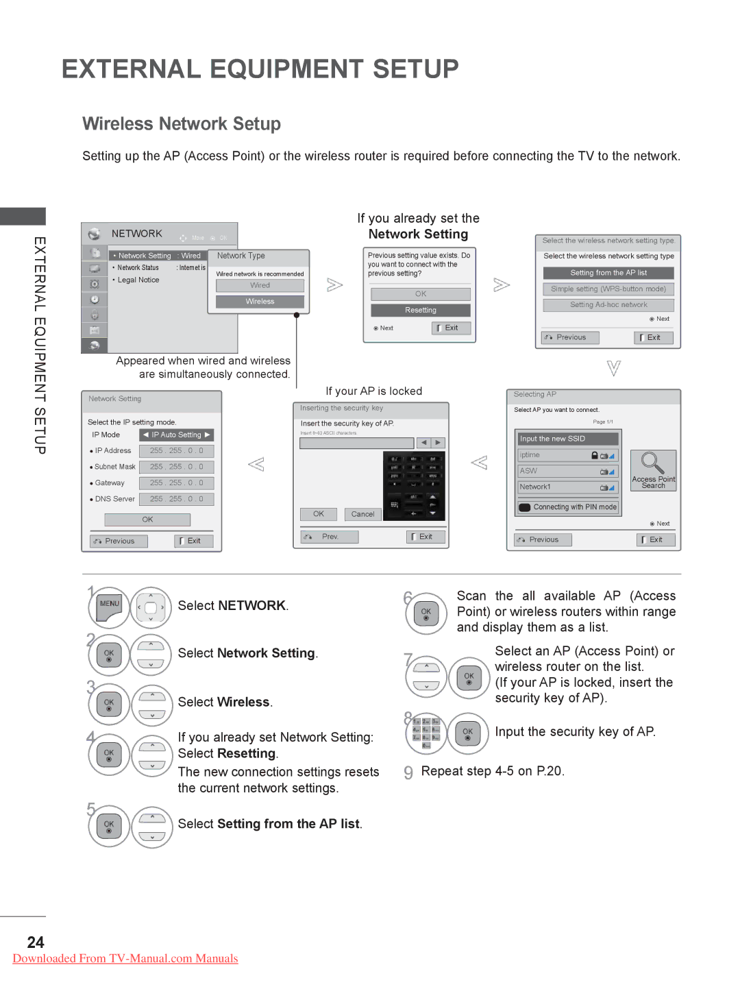 LG Electronics 32/37/42LD4***, 50/60PK7, 50/60PX9***, 42/47LX6***, 42/47LE73 Wireless Network Setup, External Equipment 