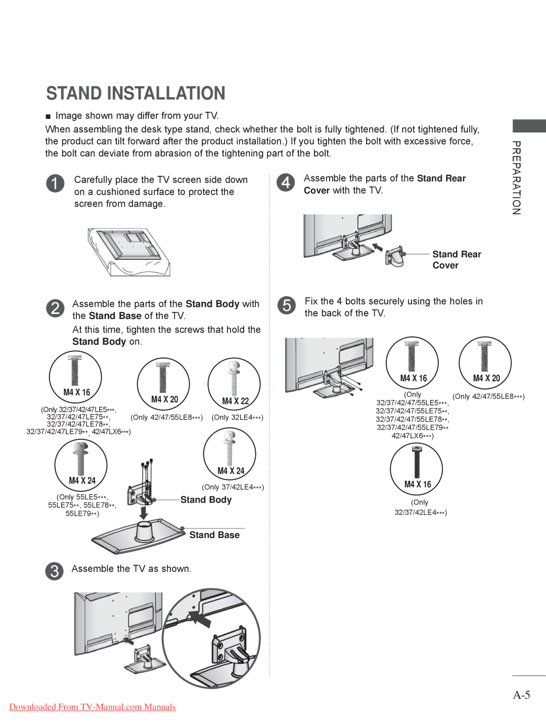 LG Electronics 32/42/47LD7 Stand Installation, On a cushioned surface to protect, Cover with the TV, Back of the TV 