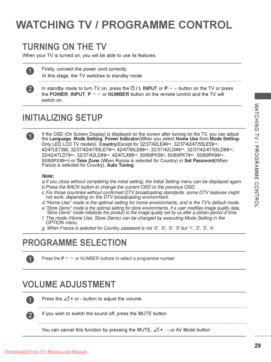 LG Electronics 32/37/42/47/55LE75** Turning on the TV, Initializing Setup, Programme Selection, Volume Adjustment 