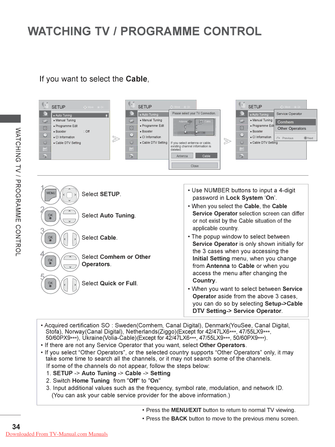 LG Electronics 50/60PK5**, 50/60PX9, 50/60PK7, 42/47LX6 Select Cable, Select Comhem or Other Operators Select Quick or Full 