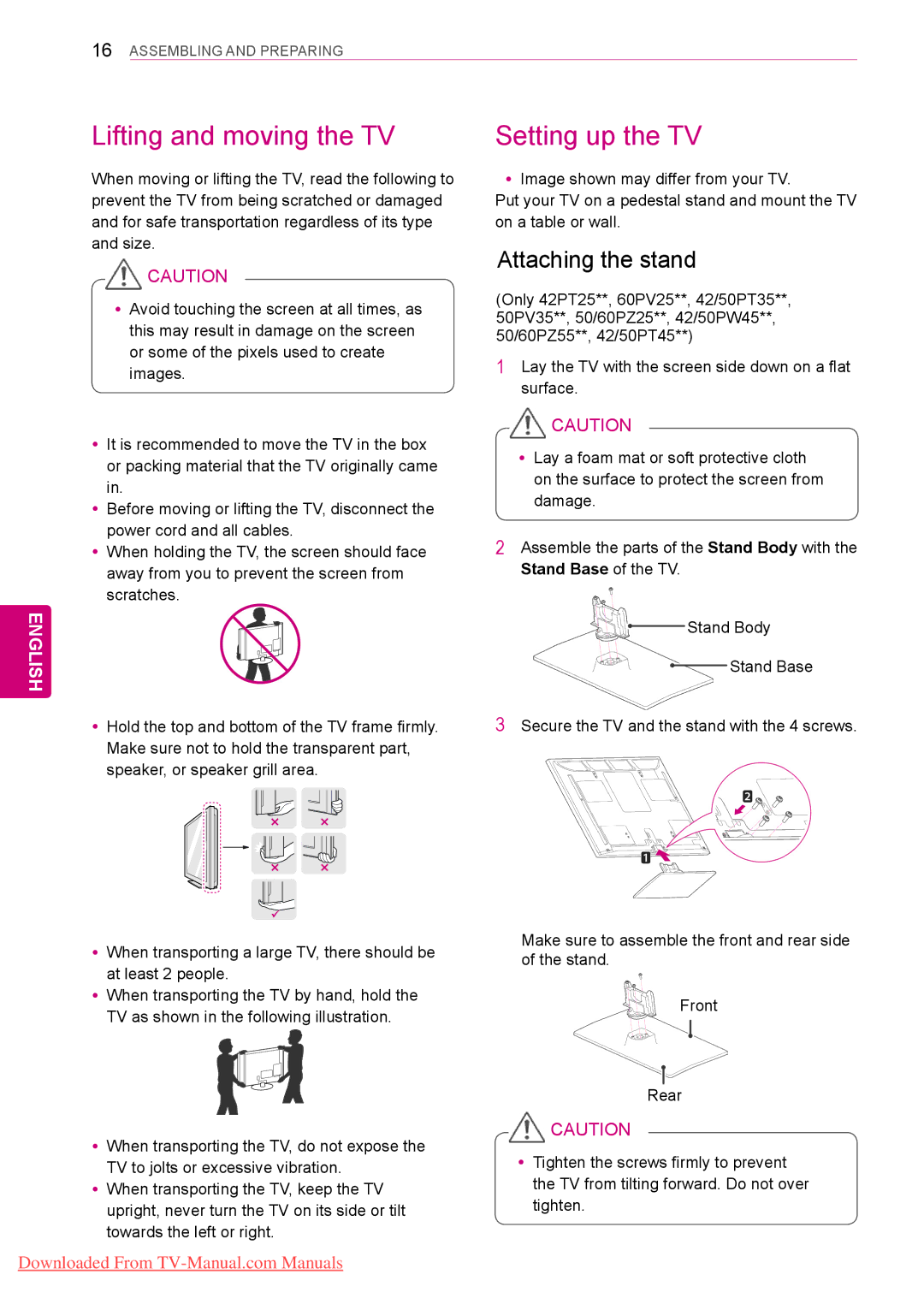 LG Electronics 50/60PZ55**, 50/60PZ25**, 42/50PW45** Lifting and moving the TV, Setting up the TV, Attaching the stand 