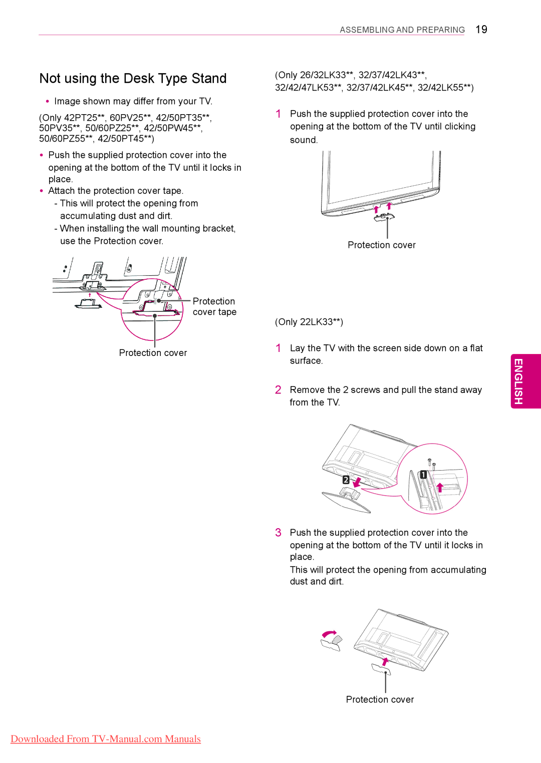 LG Electronics 42/50PT35**, 50/60PZ55**, 50/60PZ25**, 42/50PW45**, 42/50PT45**, 50PV35** Not using the Desk Type Stand 