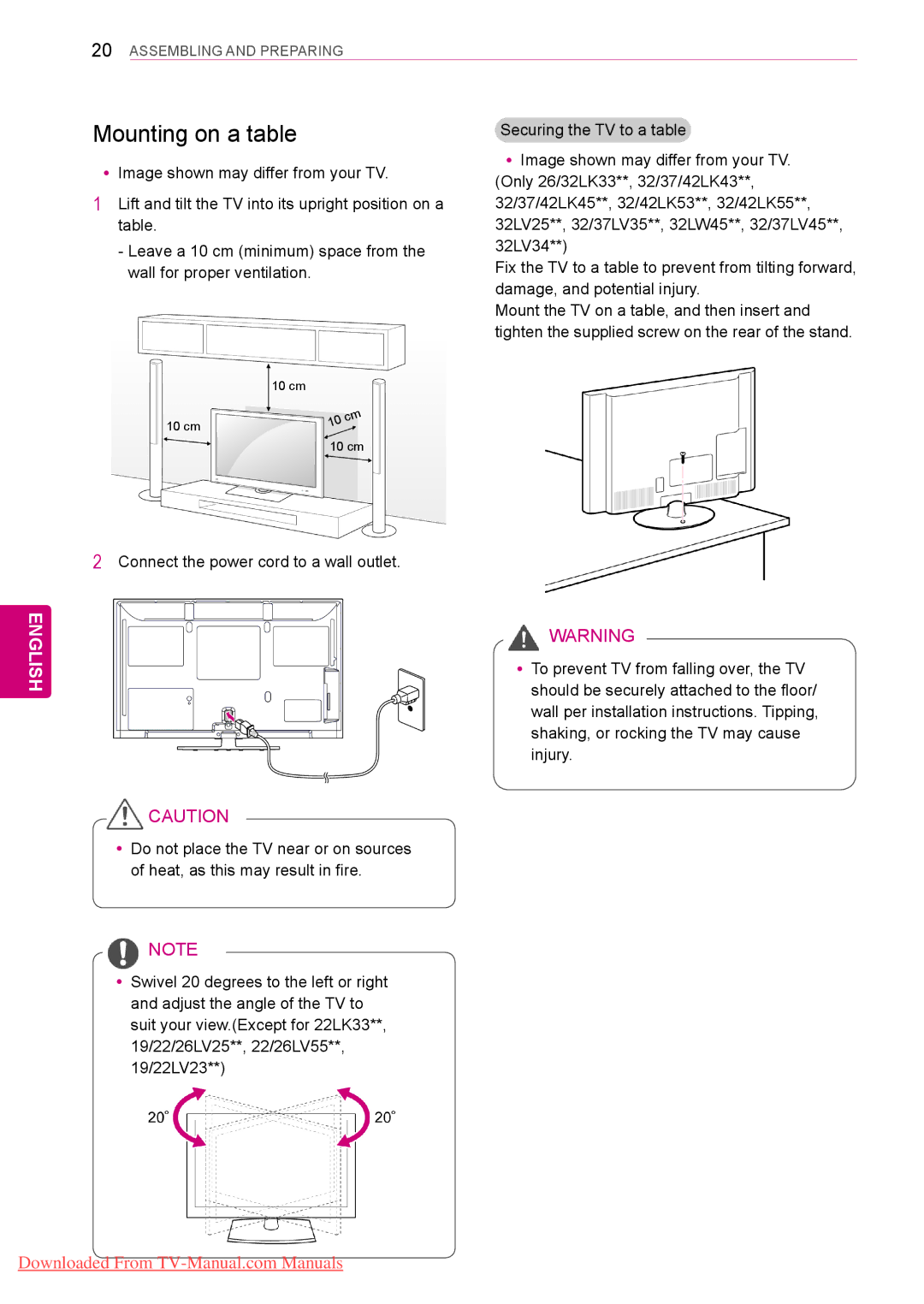 LG Electronics 42/50PT45**, 50/60PZ55**, 50/60PZ25**, 50PV35** Mounting on a table, Connect the power cord to a wall outlet 