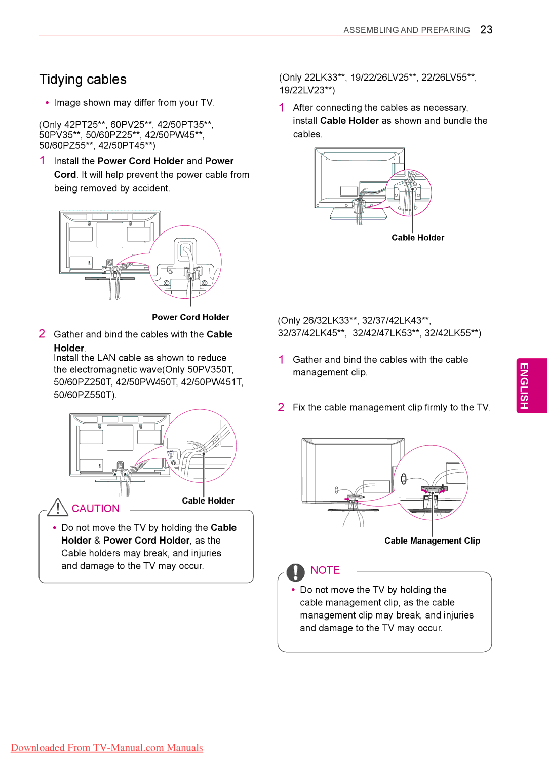 LG Electronics Gently wipe the spots on the cabinet with the polishing cloth. Only 42PT25** Tidying cables, Holder 