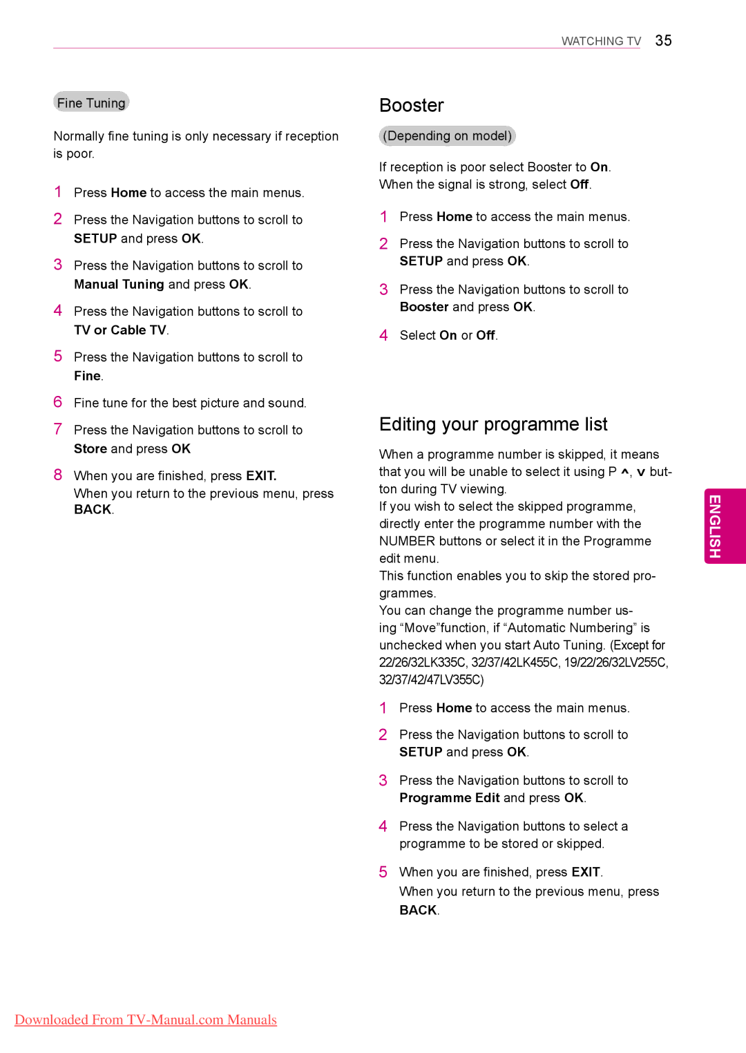 LG Electronics 42/50PT35**, 50/60PZ55** Booster, Editing your programme list, Manual Tuning and press OK, TV or Cable TV 