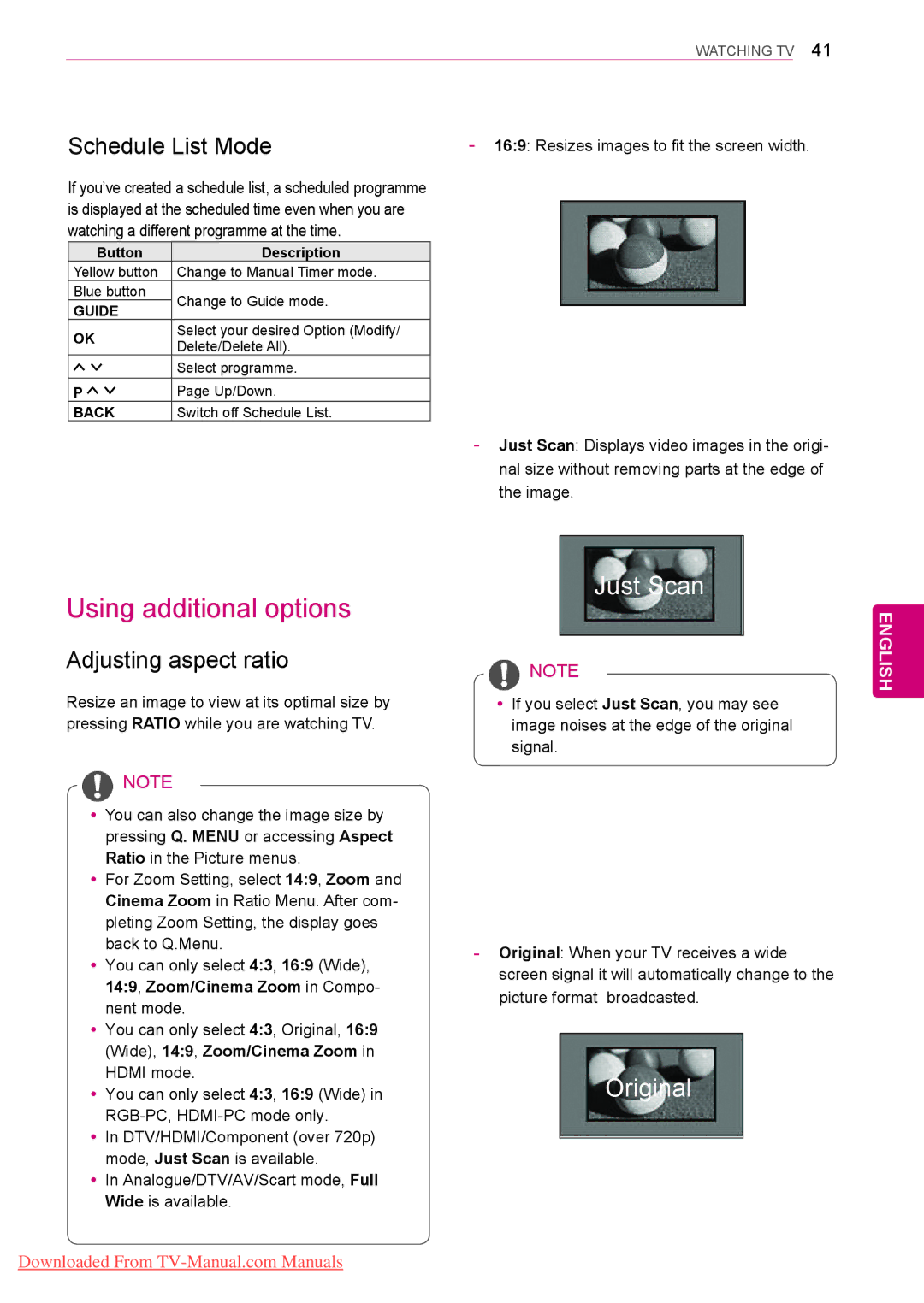 LG Electronics 50/60PZ25**, 50/60PZ55**, 42/50PW45** Using additional options, Schedule List Mode, Adjusting aspect ratio 