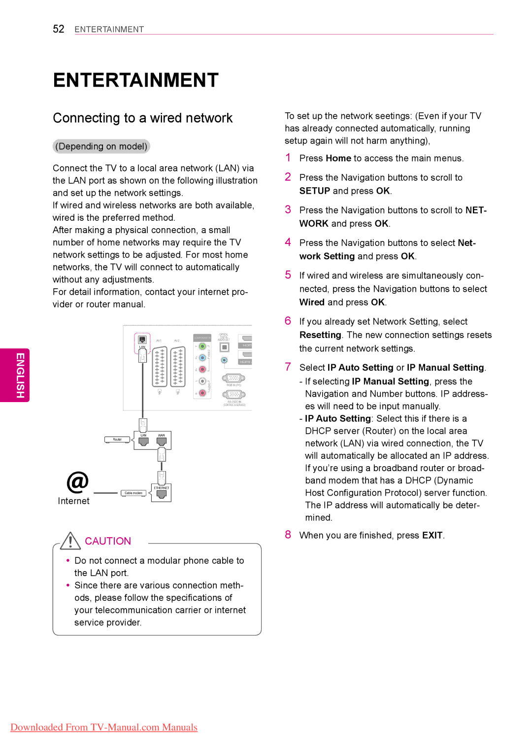 LG Electronics 42/50PT45** Entertainment, Connecting to a wired network, Select IP Auto Setting or IP Manual Setting 