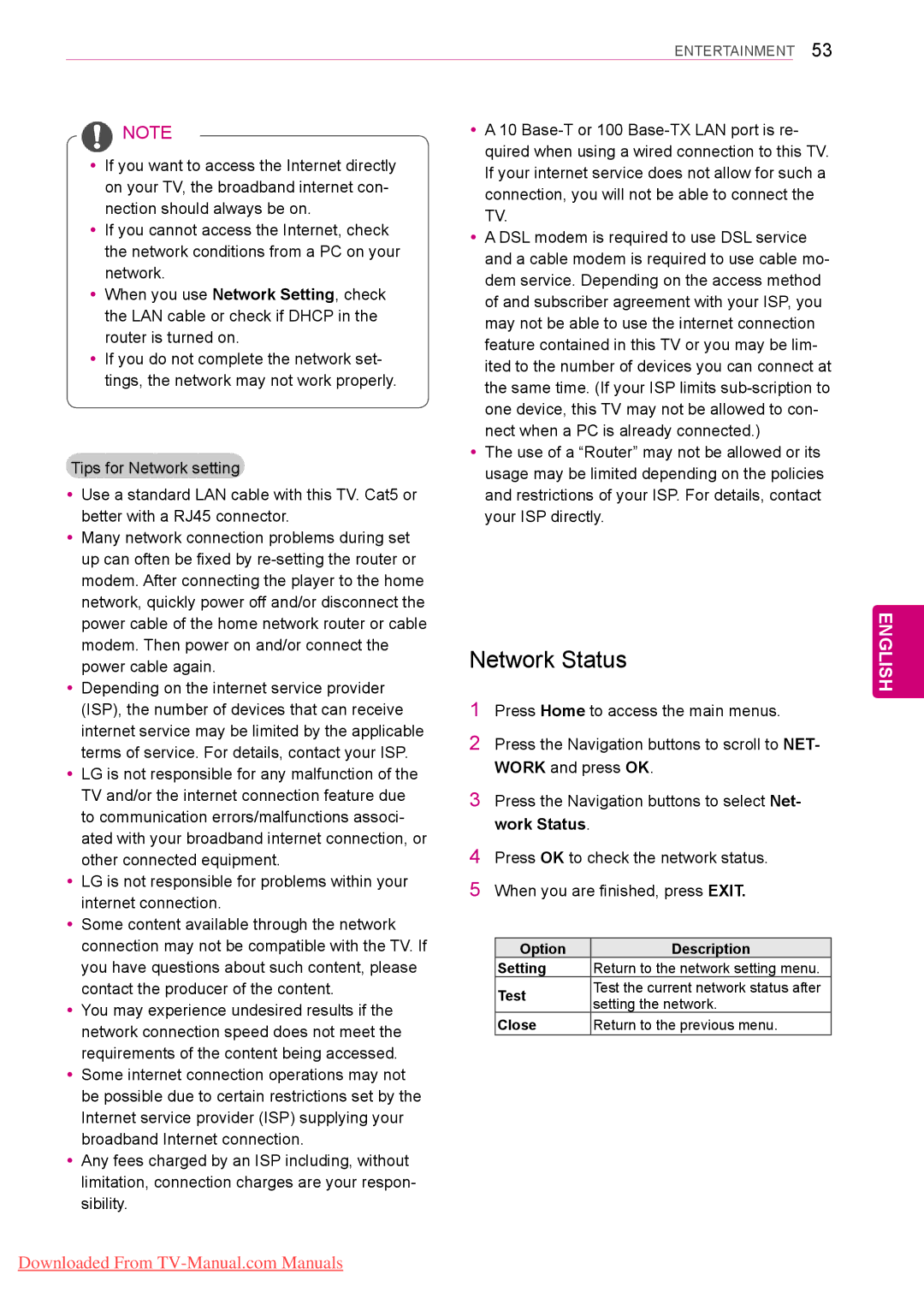 LG Electronics 50PV35**, 50/60PZ55**, 50/60PZ25** Network Status, Setting the network, Close Return to the previous menu 