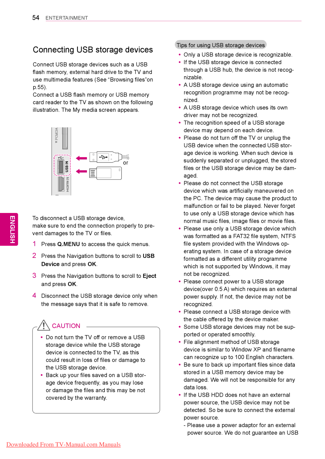 LG Electronics 60PV25**, 50/60PZ55**, 50/60PZ25**, 42/50PW45**, 42/50PT35**, 42/50PT45** Connecting USB storage devices 