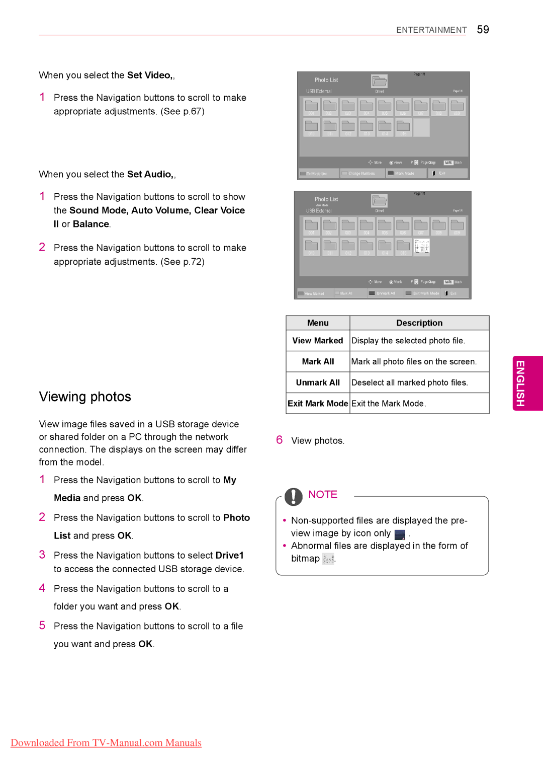 LG Electronics 42/50PT35**, 50/60PZ55**, 50/60PZ25**, 42/50PW45**, 42/50PT45**, 50PV35**, 60PV25** Viewing photos, USB External 