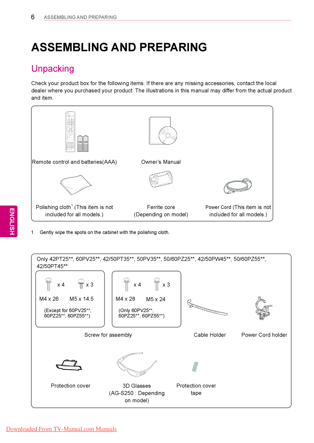 LG Electronics 60PV25**, 50/60PZ55**, 50/60PZ25**, 42/50PW45**, 42/50PT35**, 42/50PT45** Assembling and Preparing, Unpacking 