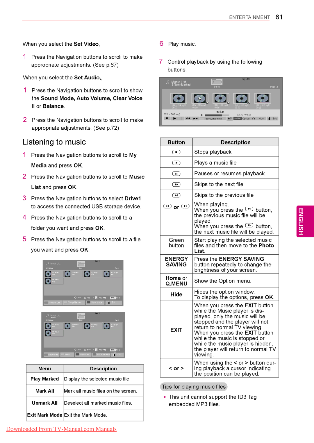 LG Electronics 50PV35**, 50/60PZ55**, 50/60PZ25**, 42/50PW45**, 42/50PT35** Listening to music, Button Description, Vor w 