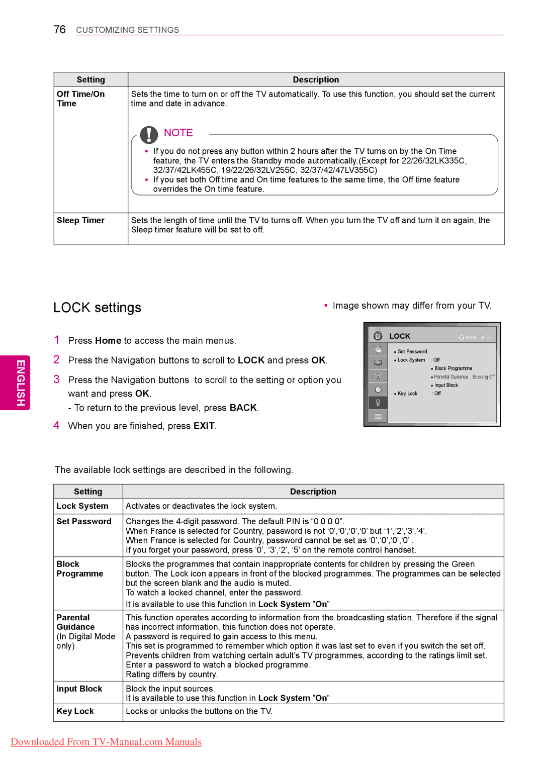 LG Electronics 42/50PT45**, 50/60PZ55**, 50/60PZ25**, 42/50PW45** Available lock settings are described in the following 