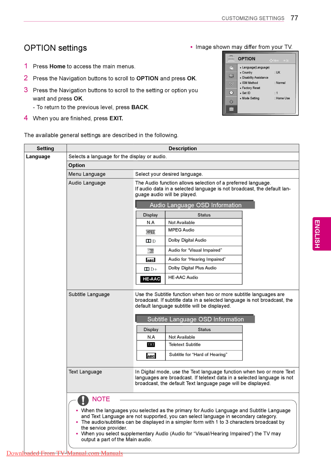 LG Electronics 50PV35**, 60PV25** Available general settings are described in the following, Setting Description Language 