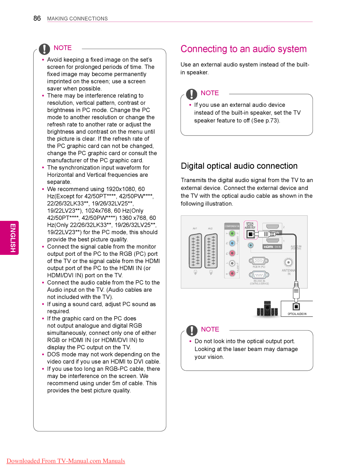 LG Electronics 60PV25**, 50/60PZ55**, 50/60PZ25**, 50PV35** Connecting to an audio system, Digital optical audio connection 