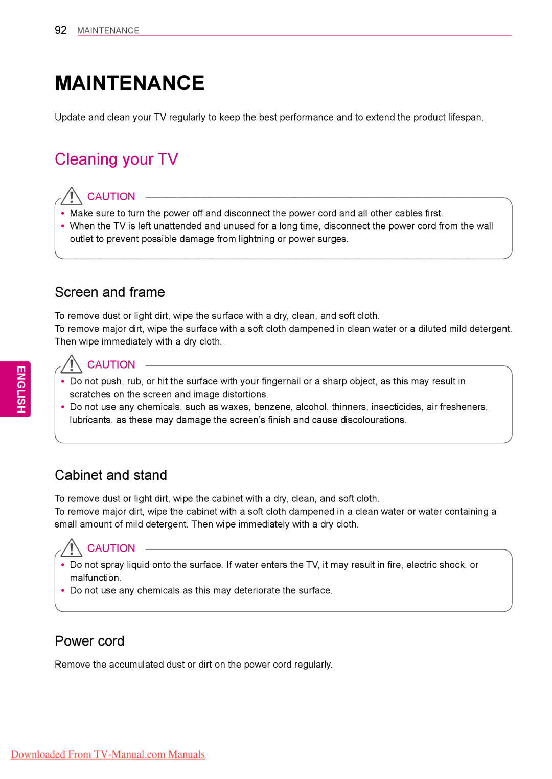 LG Electronics 42/50PT45**, 50/60PZ55** Maintenance, Cleaning your TV, Screen and frame, Cabinet and stand, Power cord 