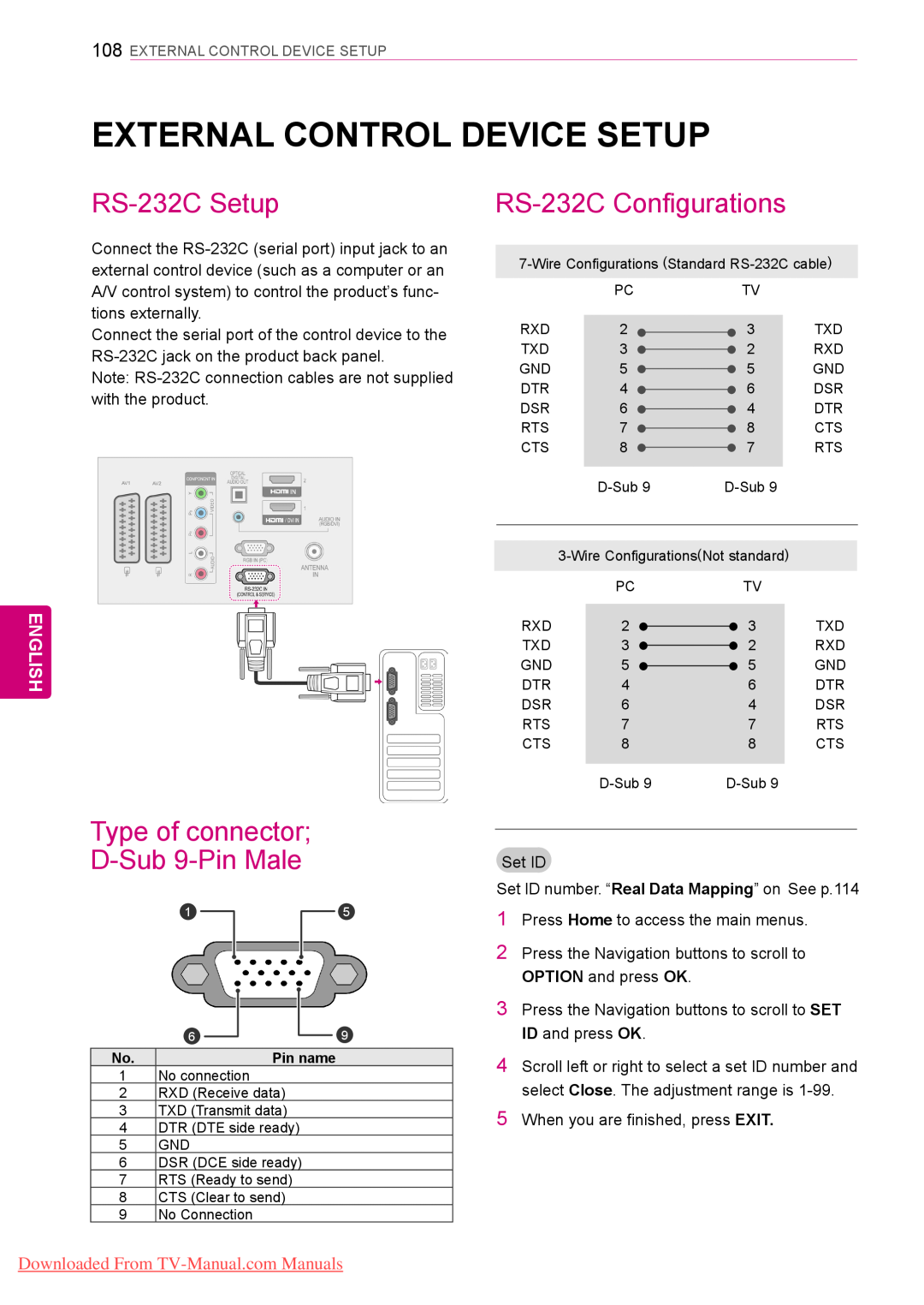 LG Electronics 42/50PT45** External Control Device Setup, RS-232C Setup, Type of connector D-Sub 9-Pin Male, English 