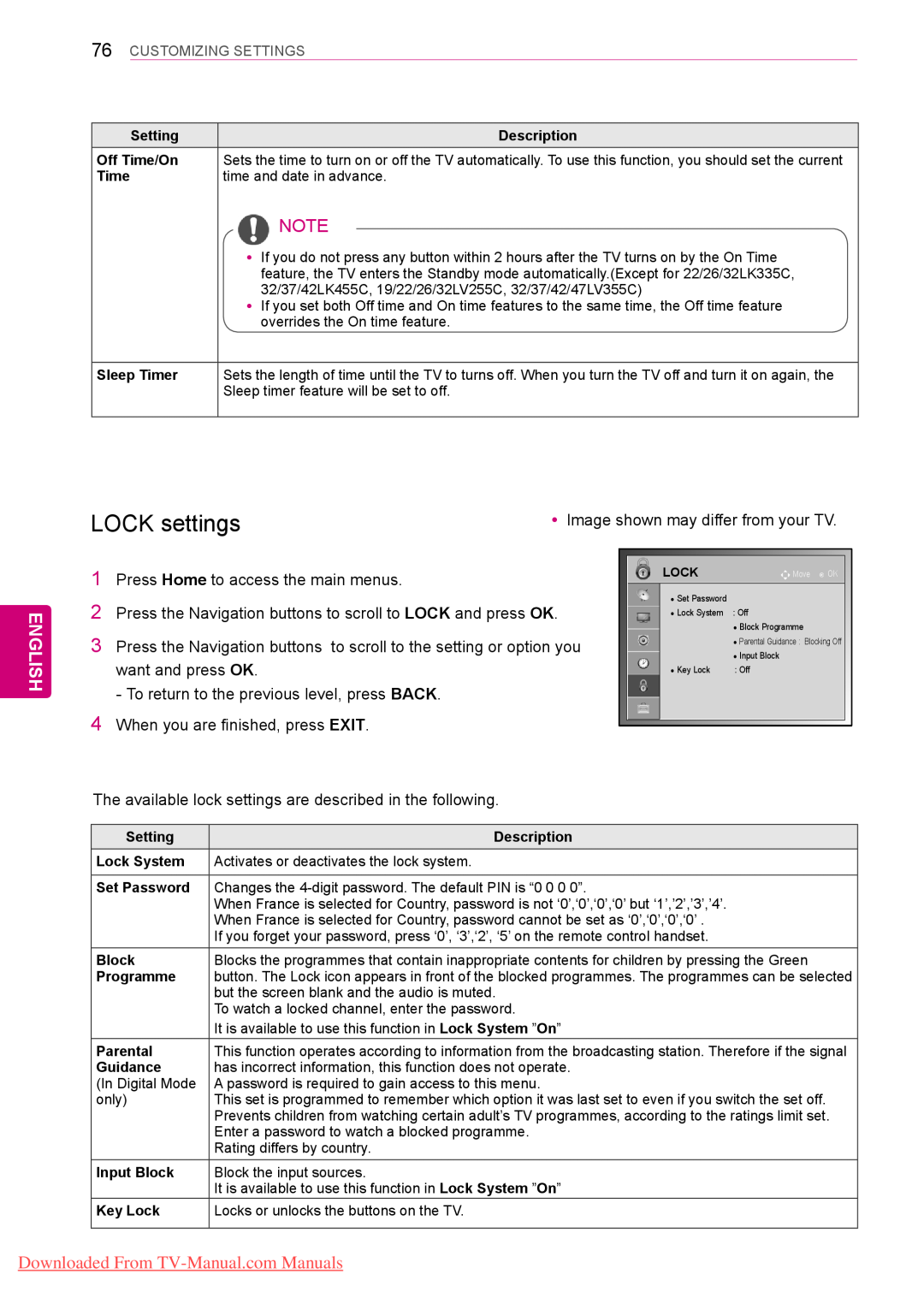 LG Electronics 42/50PT45** LOCK settings, English, Downloaded From TV-Manual.com Manuals, Customizing Settings, Time 