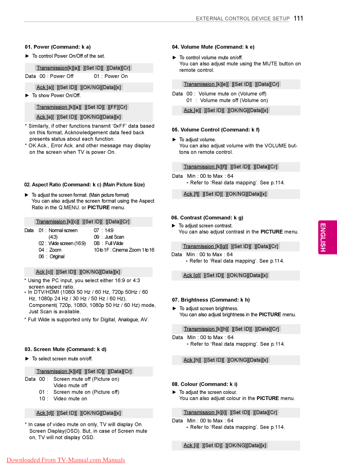 LG Electronics 60PV25**, 42PT25** Power Command k a, Volume Mute Command k e, Aspect Ratio Command k c Main Picture Size 